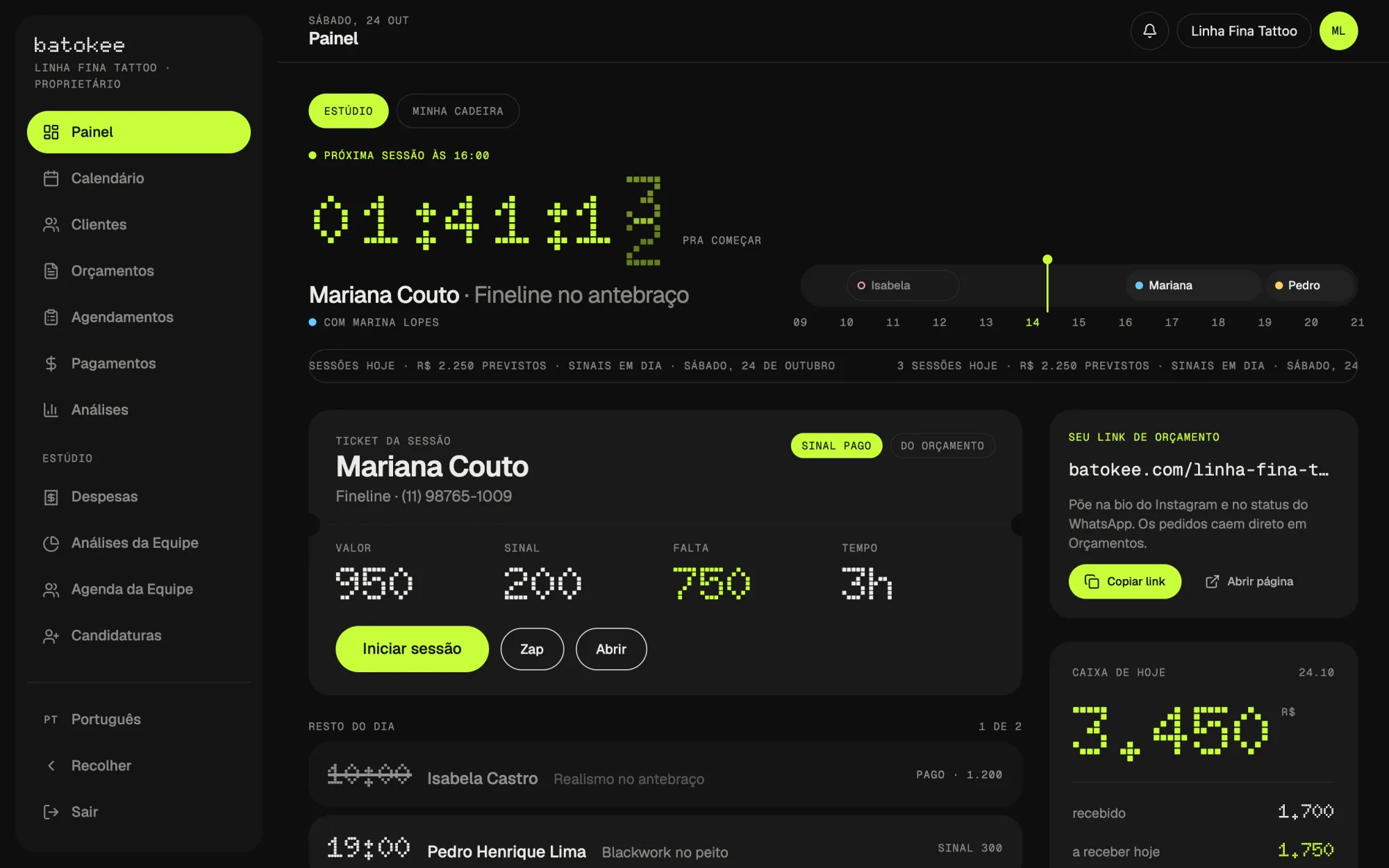 Painel do Batokee com a próxima sessão, o ticket da cliente e o caixa do dia