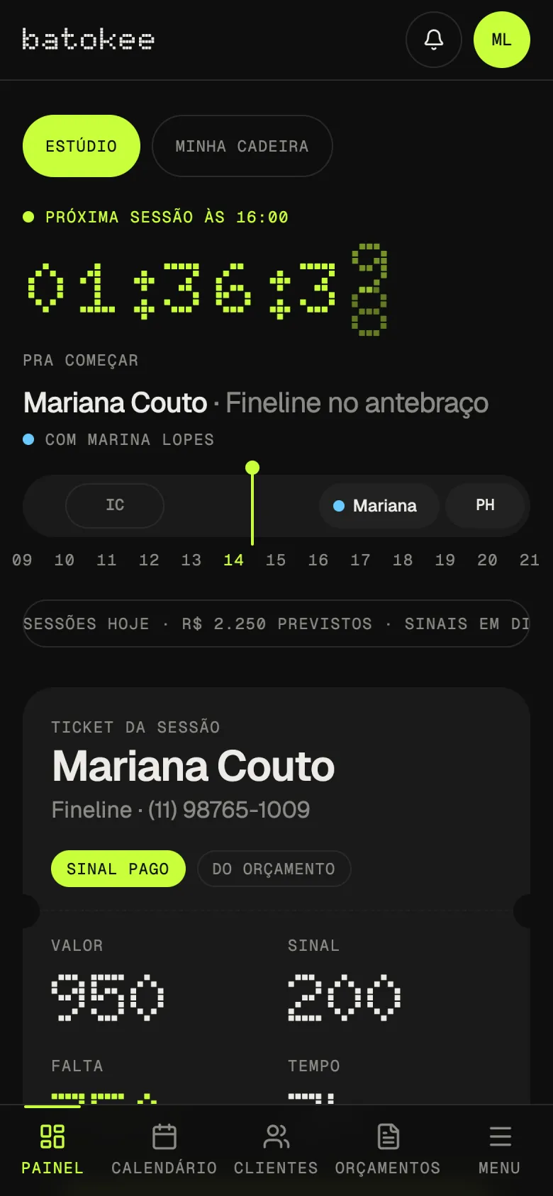 Painel do Batokee com a próxima sessão, o ticket da cliente e o caixa do dia